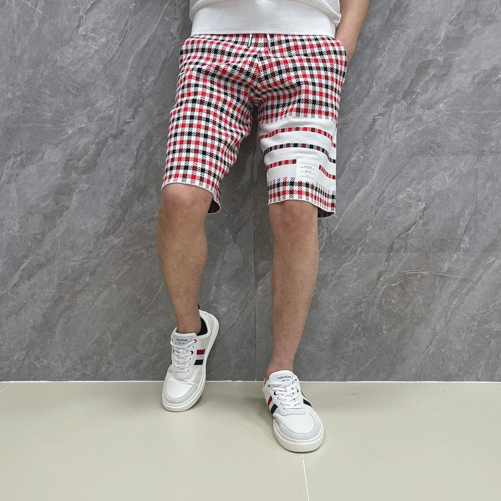 Thom Browne Style Men's Cotton Casual Shorts - Signature Four-Bar Detail Lattice Pattern