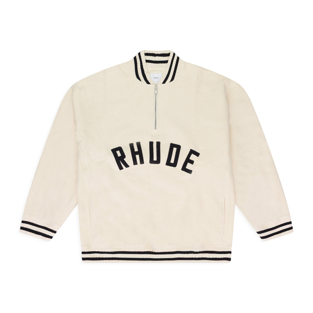 CREAM QUARTER ZIP VARSITY SWEATER