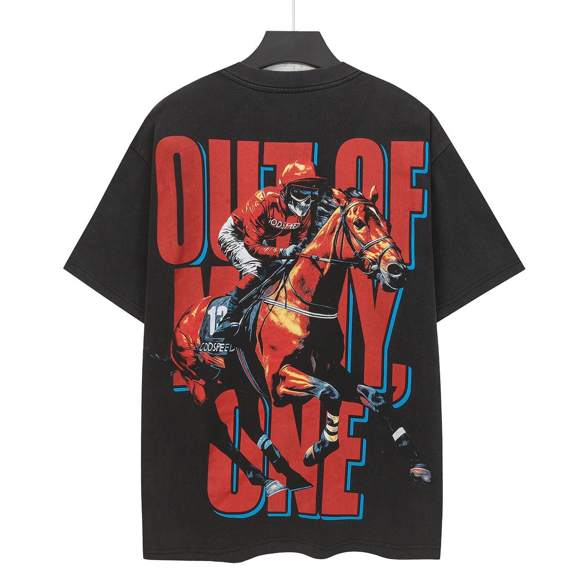 Godspeed Horse‑Racing Jockey Vintage Short‑Sleeve Tee (Washed Black)