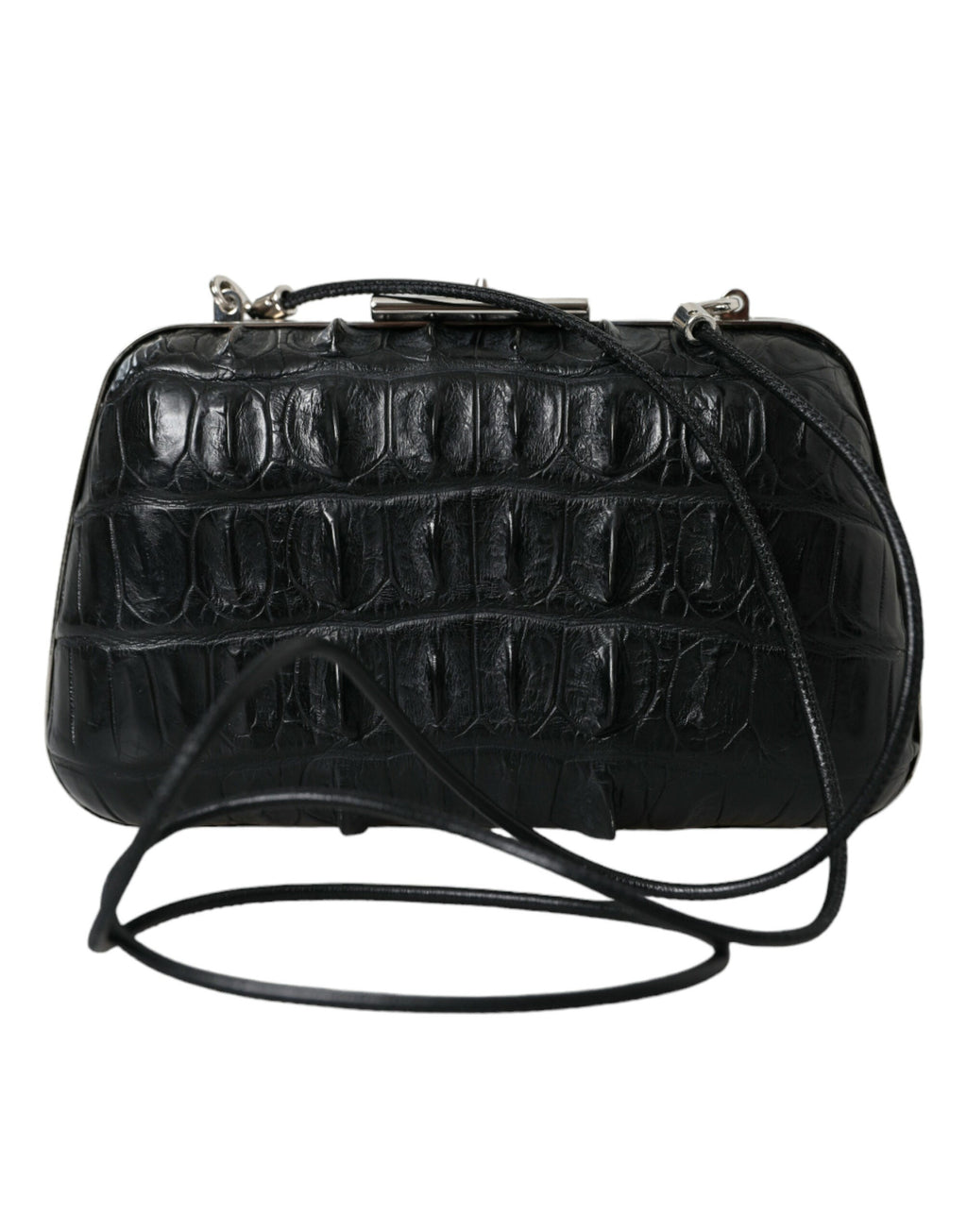 Black Exotic Skin Leather Shoulder Crossbody Box Clutch