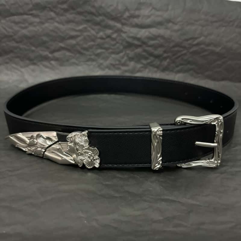 Western Broken Sword Engraved Metal Tip Genuine Leather Unisex Belt