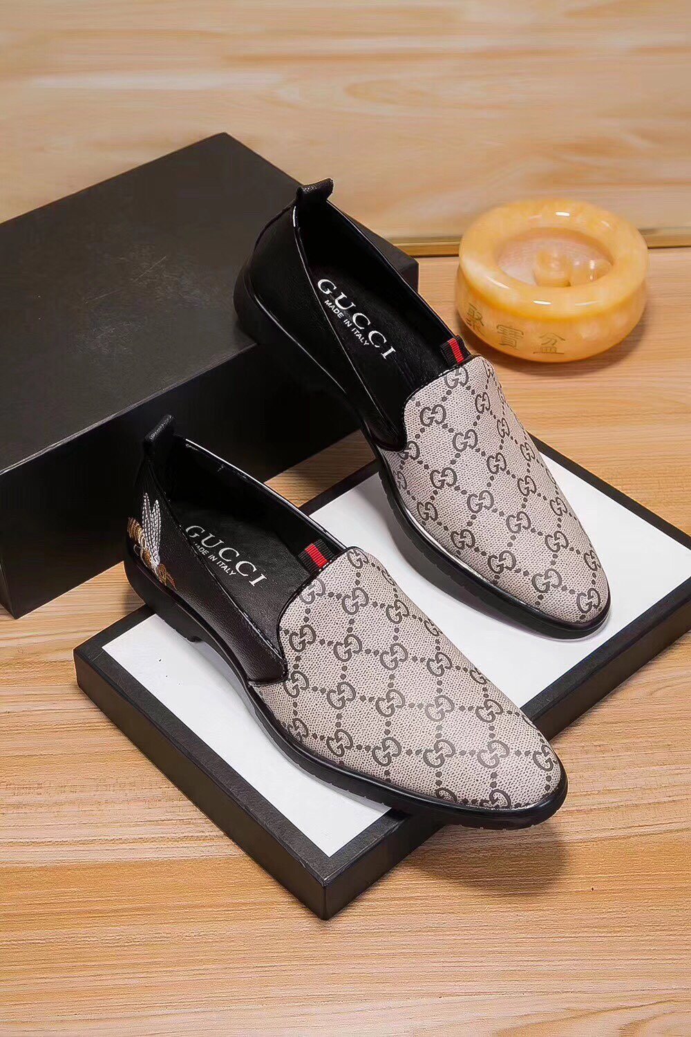 Gucci Men's Beige Monogram Slip-On Shoes