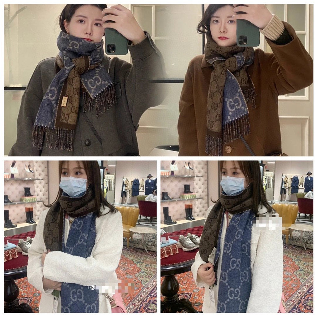 Gucci Reversible Blue and Brown Fringed Scarf