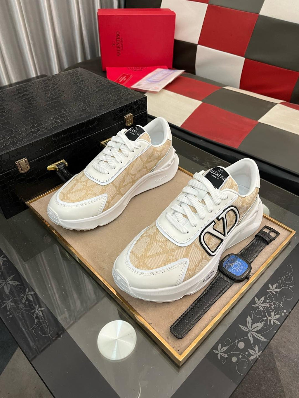 Valentino Cream and Beige V-Motif Sneakers