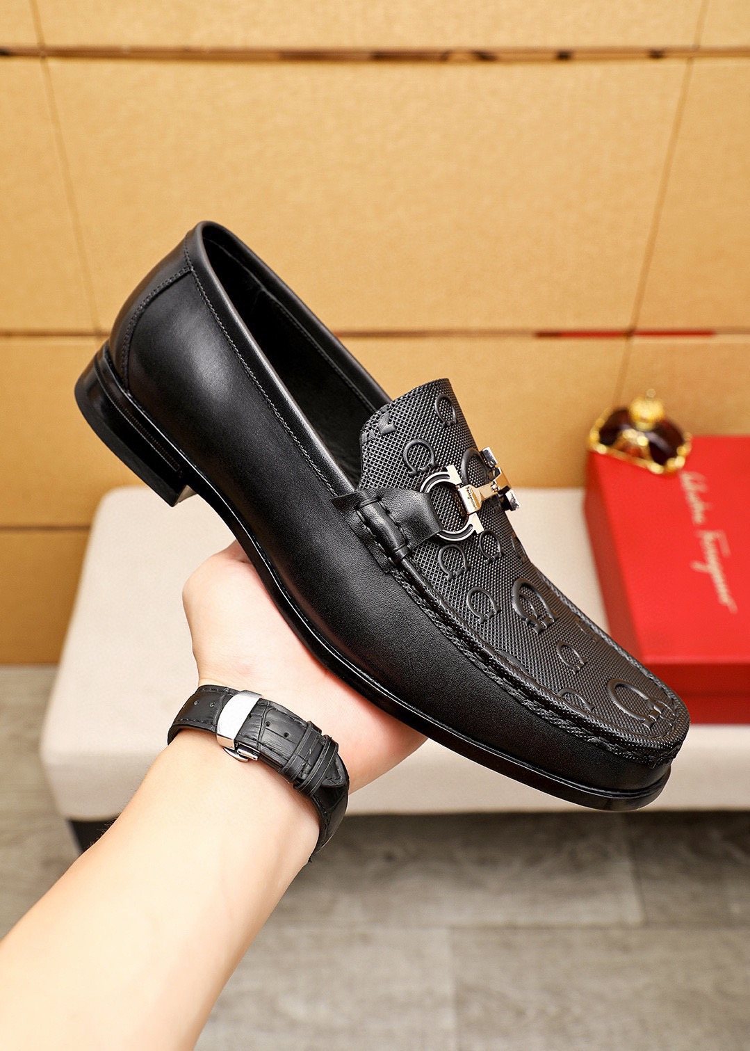 Ferragamo Black Embossed Buckle Loafers - Rubber Outsole