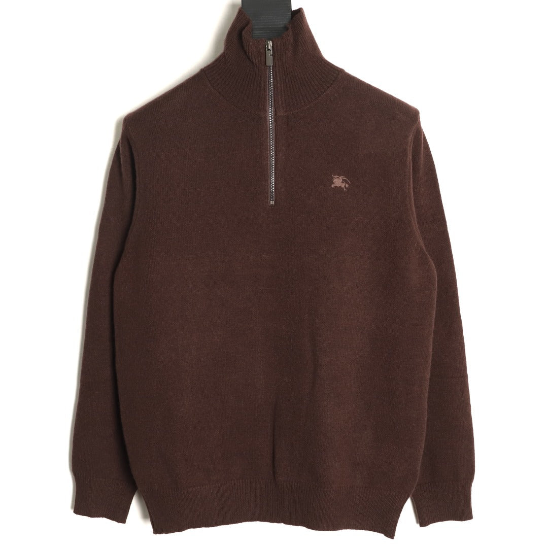 Burberry Equestrian Emblem Half-Zip Knit Sweater - Dark Brown